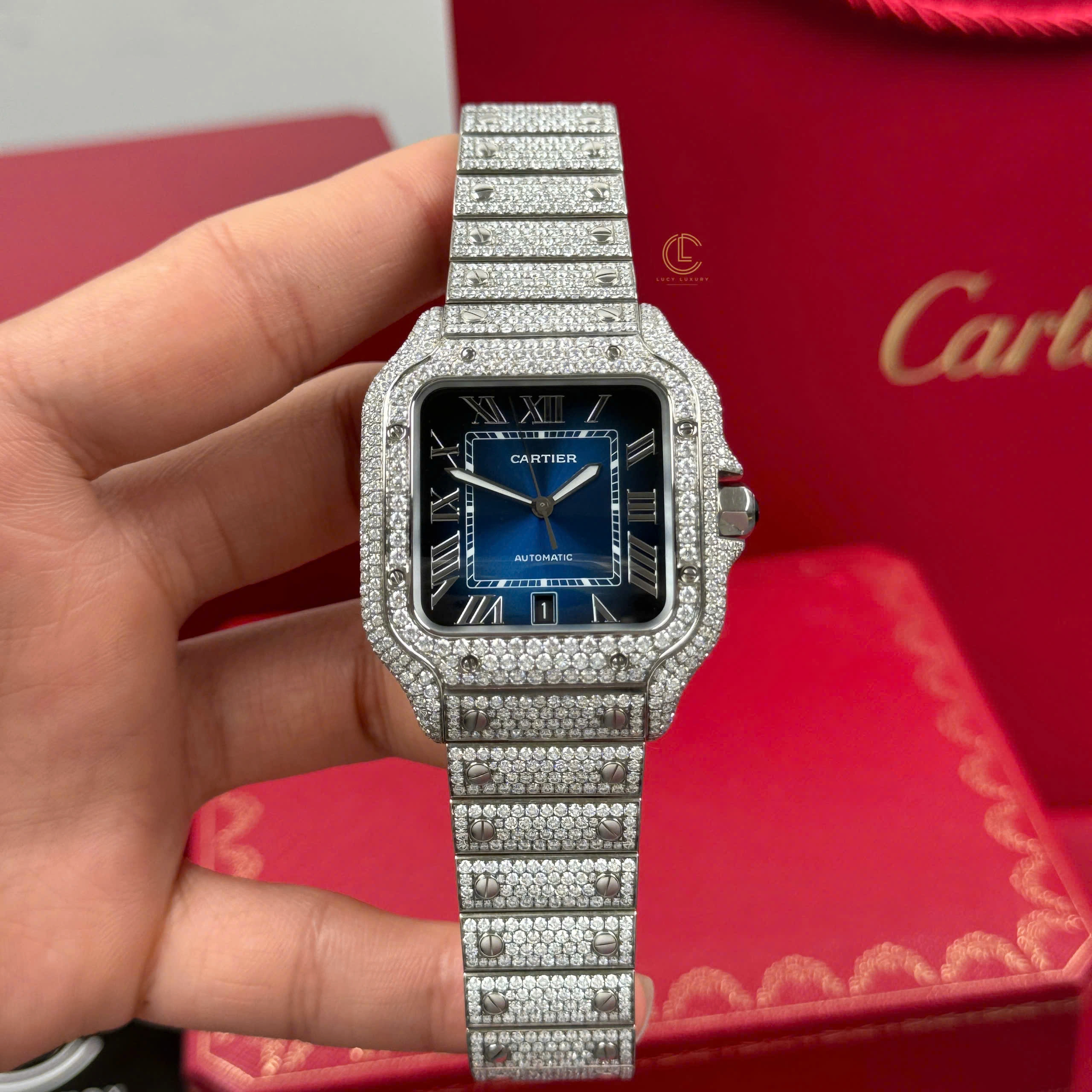Cartier Santos De Cartier 39.8mm Blue Dial Full Moissanite HongKong – Customize Diamod